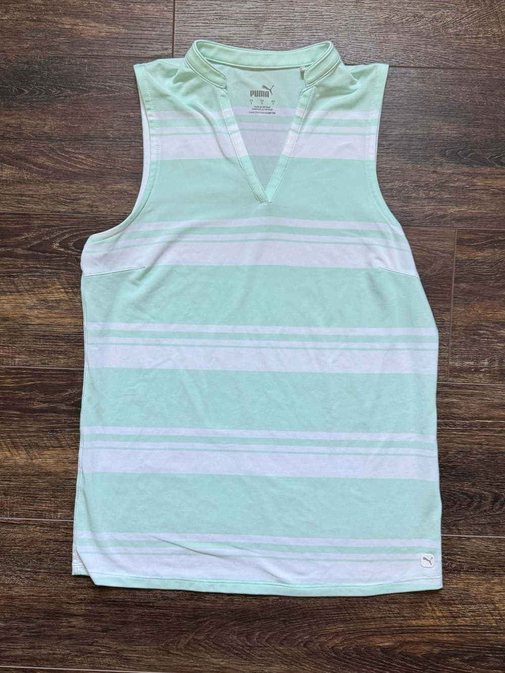 Puma Golf Womens Striped Polo Shirt Mint & White Sleeveless Size Small
